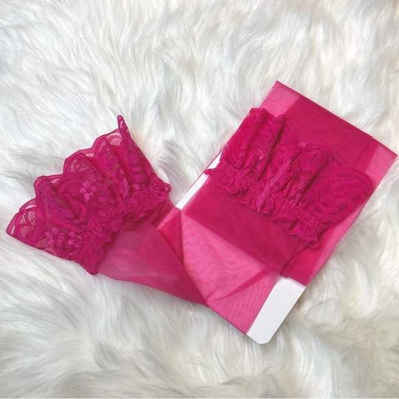 Hot Pink Thigh High Stockings with Lace Detail - Picture 2 of 3